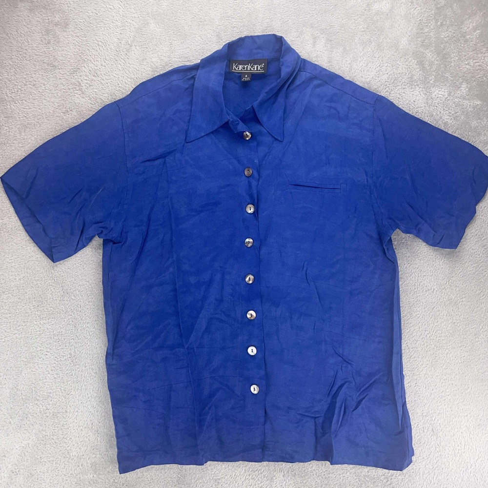 Karen Kane Vintage Button-Up Shirt Collared Cobalt Blue Short Sleeve Top Size 4